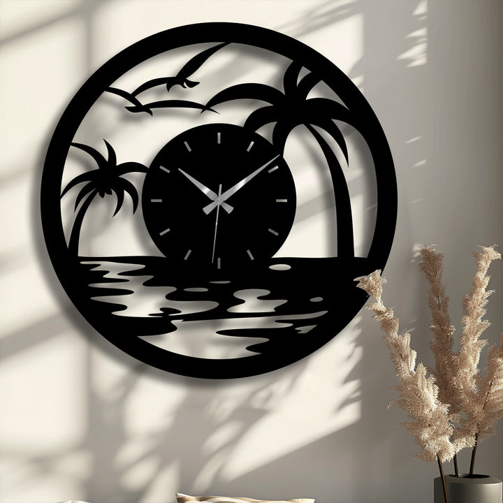 The palm-tree-and-beach-themed unique metal wall art clock makes a visually striking statement as a focal point against the neutral backdrop.