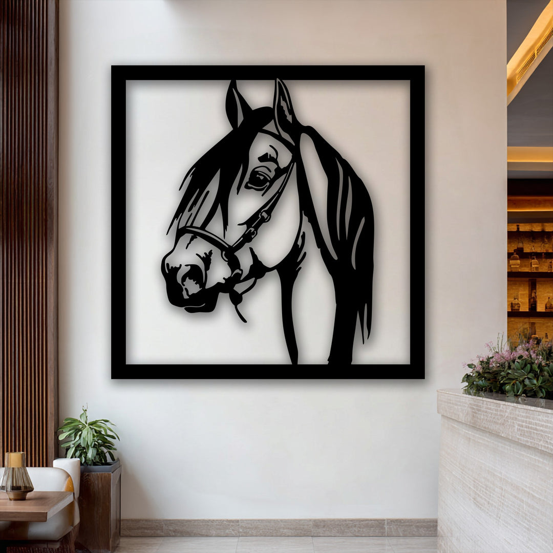 The elegant black decorative metal art stallion portrait creates a striking layering effect with its distinct shadow against the wall.