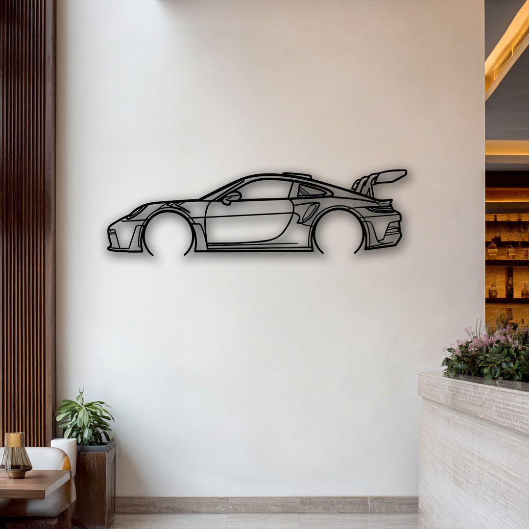 Highlighting the layering effect, this modern metal artwork shows a sleek sport car outline, providing a minimalist, stylish automotive design.