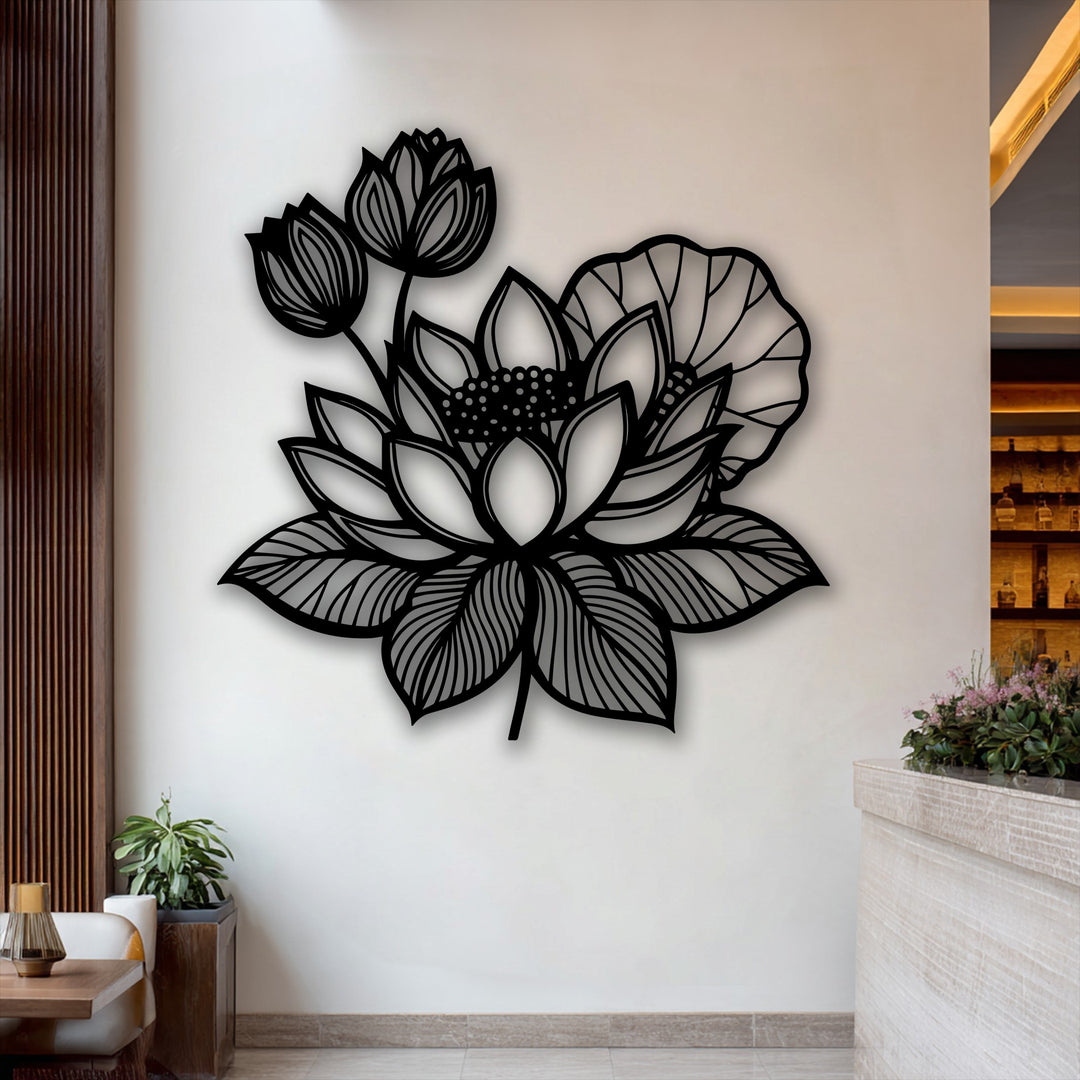 The stillness of the intricate black lotus floral metal decoration wall art beautifully adorns the pristine white wall.