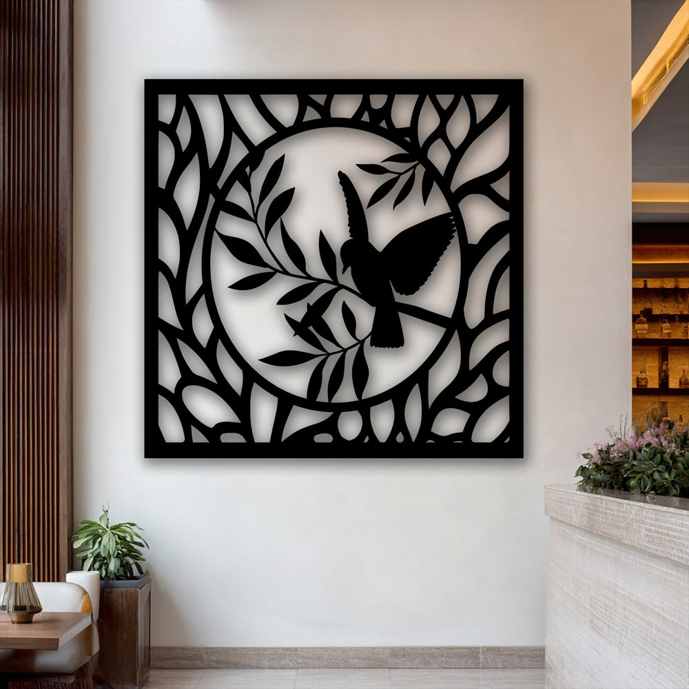 The flowing visual rhythm of this elegant bird metal decoration wall art features a graceful bird perched within a dynamic nature circle.