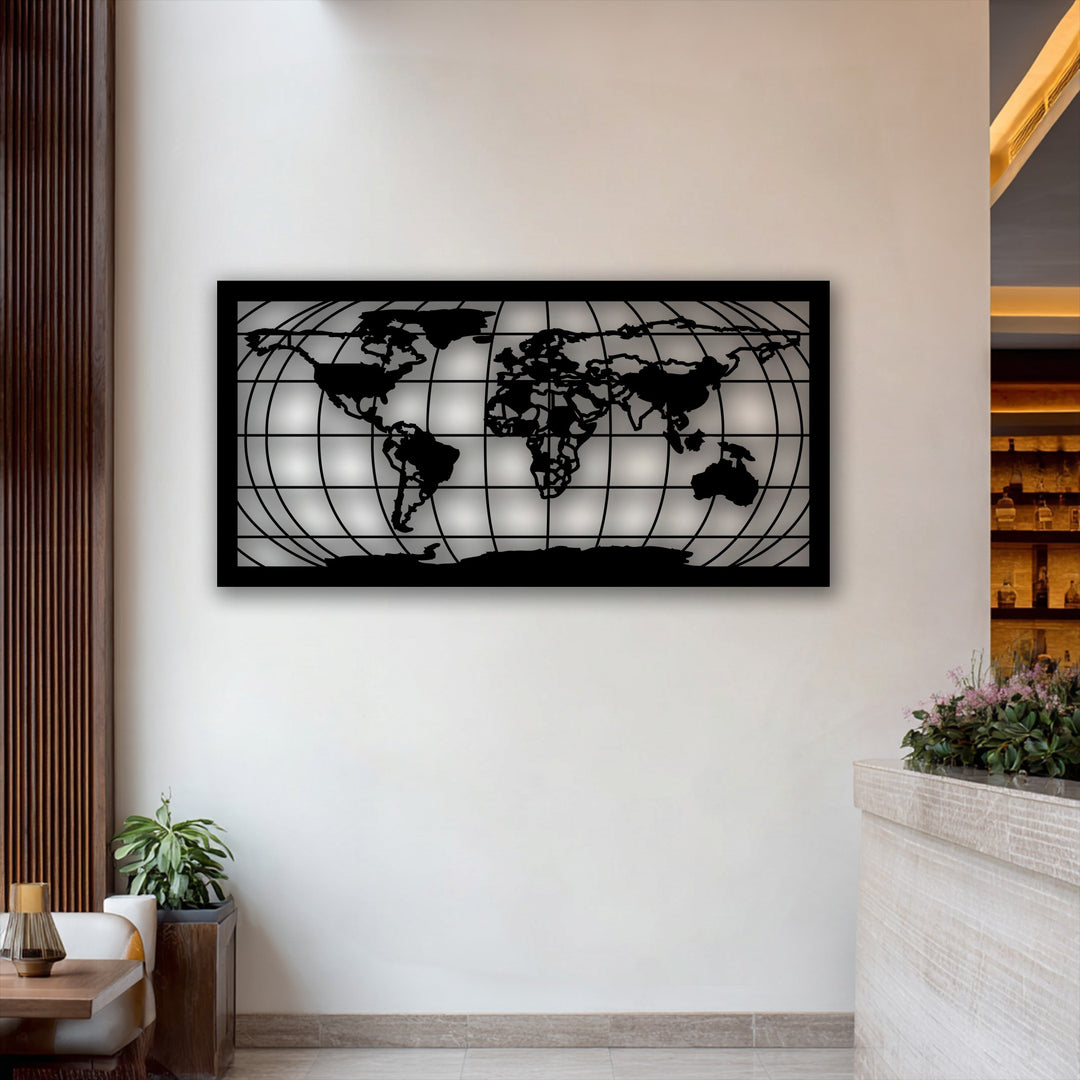 The brightest area within the modern world map grid metal artwork is the radiant, reflective background highlighting the black landmasses.