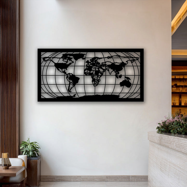 The brightest area within the modern world map grid metal artwork is the radiant, reflective background highlighting the black landmasses.
