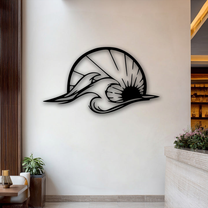 The balanced color temperature of the scene highlights the striking unique metal wall art depicting an ocean wave and dolphin silhouette.