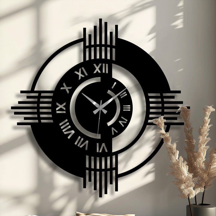 Horizontally oriented round decorative metal art wall clock displays Roman numerals and linear geometric accents in a modern design.