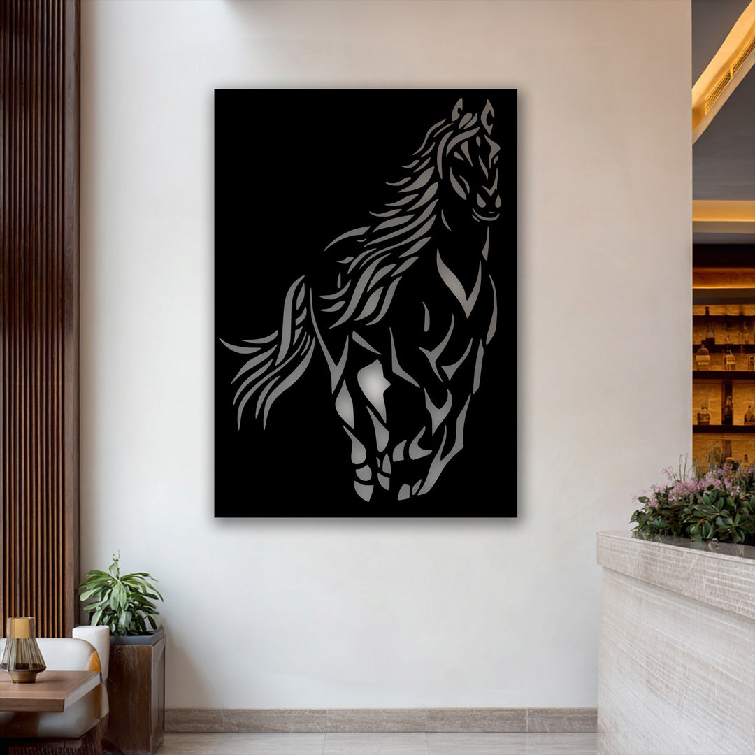 Through the negative space, a powerful wild spirit horse emerges as dynamic silhouette metal decoration wall art.