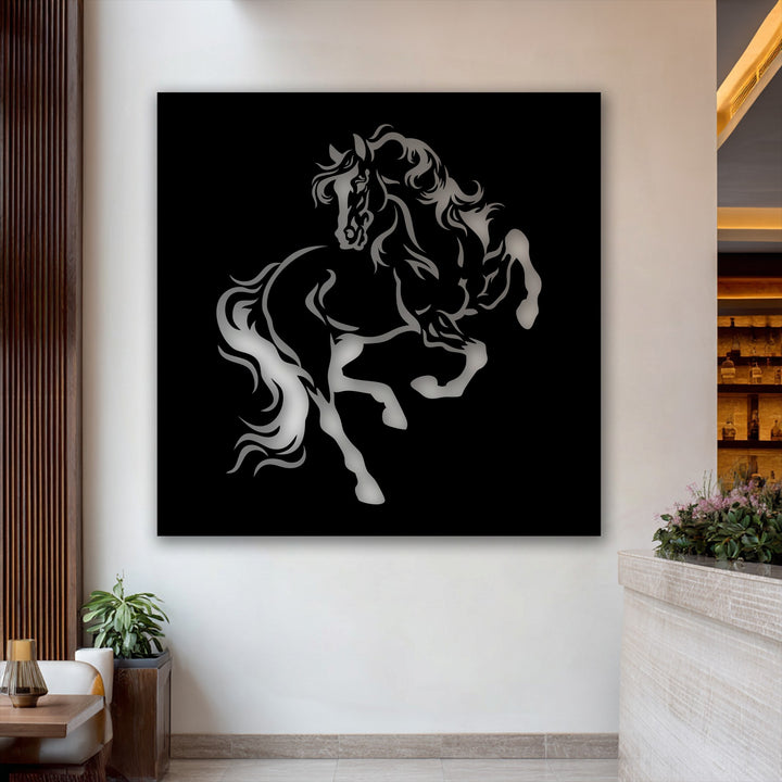 Capturing dynamic motion, this rearing horse silhouette metal artwork radiates majestic power and graceful movement on a stark black background.