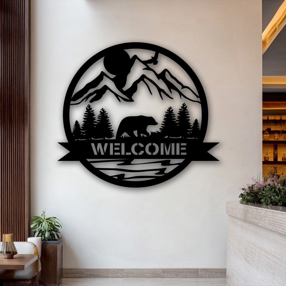 The striking negative space of this mountain bear welcome sign highlights the intricate design of the nature landscape metal wall decor.