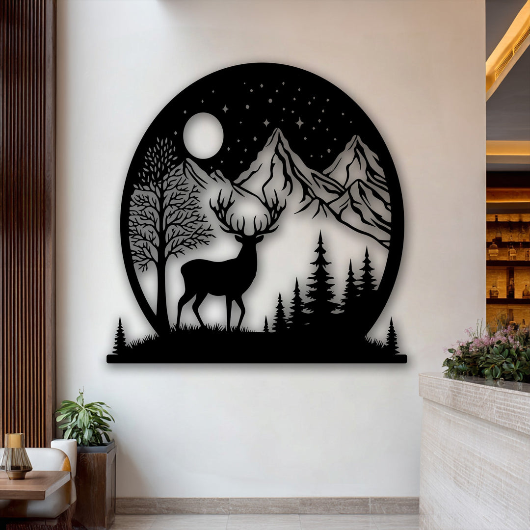 Silhouetted grass and small pine trees define the immediate foreground of the elegant deer mountain metal wall decor.