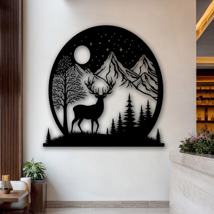 Silhouetted grass and small pine trees define the immediate foreground of the elegant deer mountain metal wall decor.