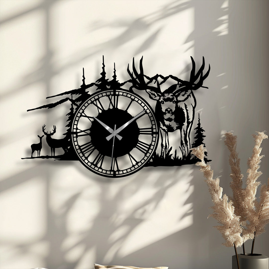 The high color saturation of the black Majestic Deer Forest metal wall clock contrasts the muted background, presenting striking metal art for wall.