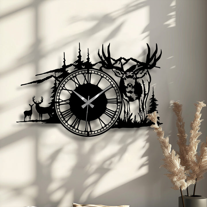 The high color saturation of the black Majestic Deer Forest metal wall clock contrasts the muted background, presenting striking metal art for wall.