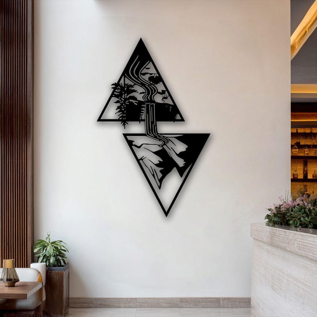 The focal point is a striking geometric waterfall metal decoration wall art piece, depicting a serene nature landscape with trees and mountains.