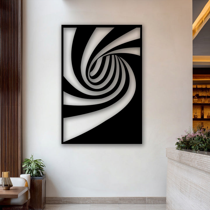 Focusing on its captivating abstract quality, this dynamic black and white spiral flow metal wall decor creates an optical illusion of depth.