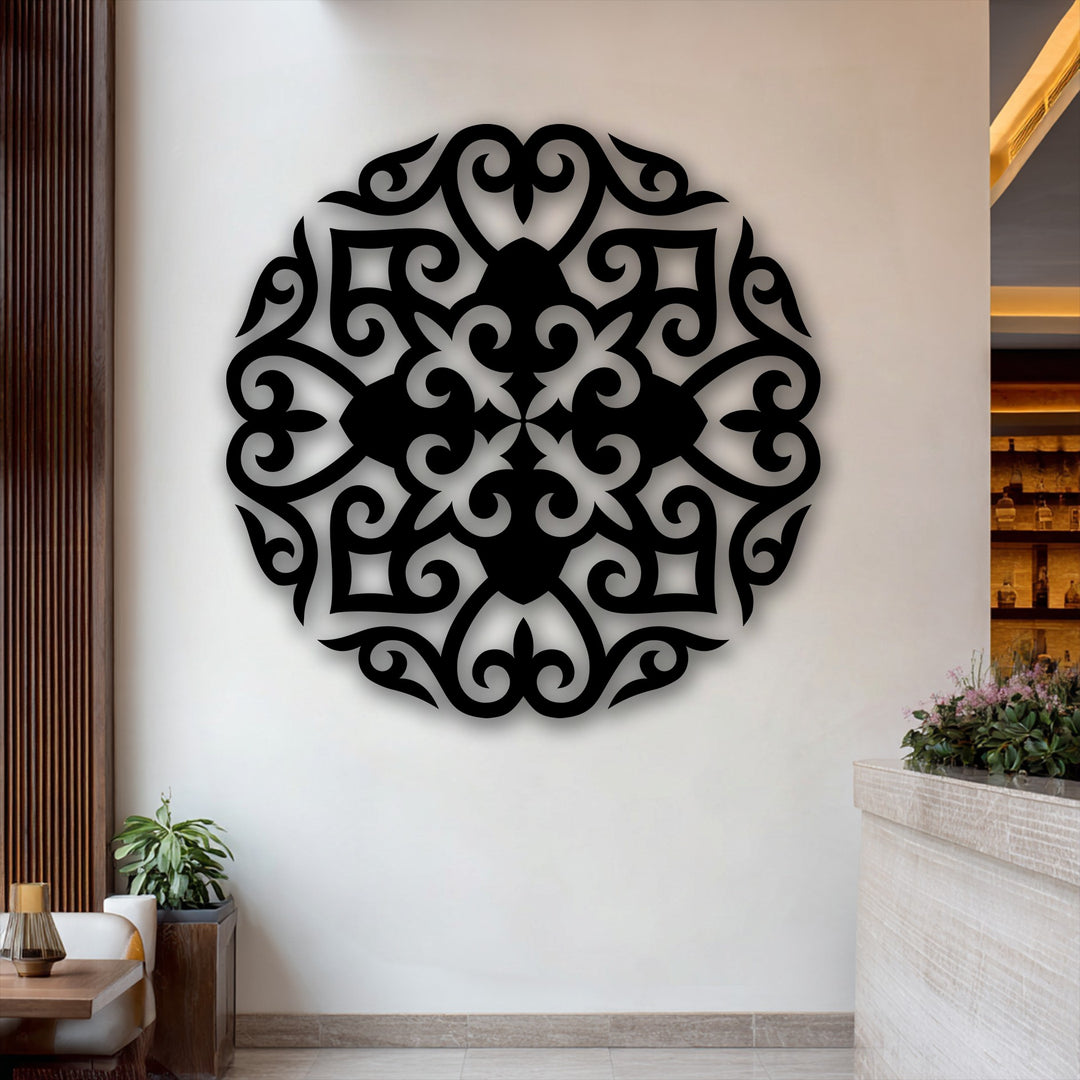The brightest area highlights the intricate Floral Mandala Metal Wall Art, a striking piece of ornate metal artwork on a pristine white wall.