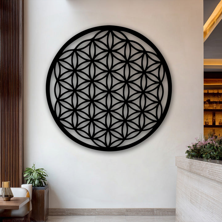 The striking transition between the pristine light wall and the dark Flower of Life metal sacred geometry decoration wall art creates captivating depth.