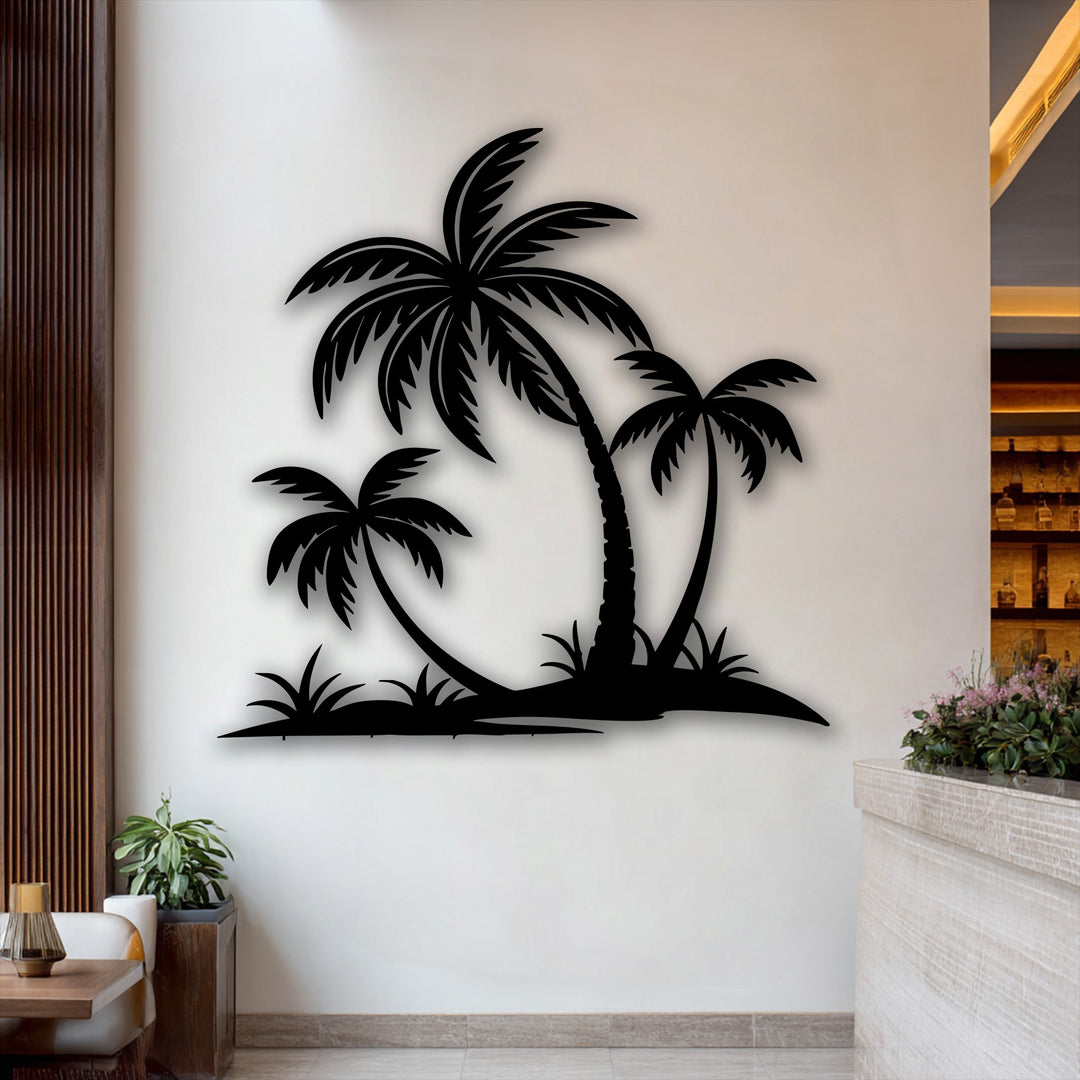 A striking black silhouette of tropical palm trees forming unique metal wall art, beautifully showcased on a light wall.
