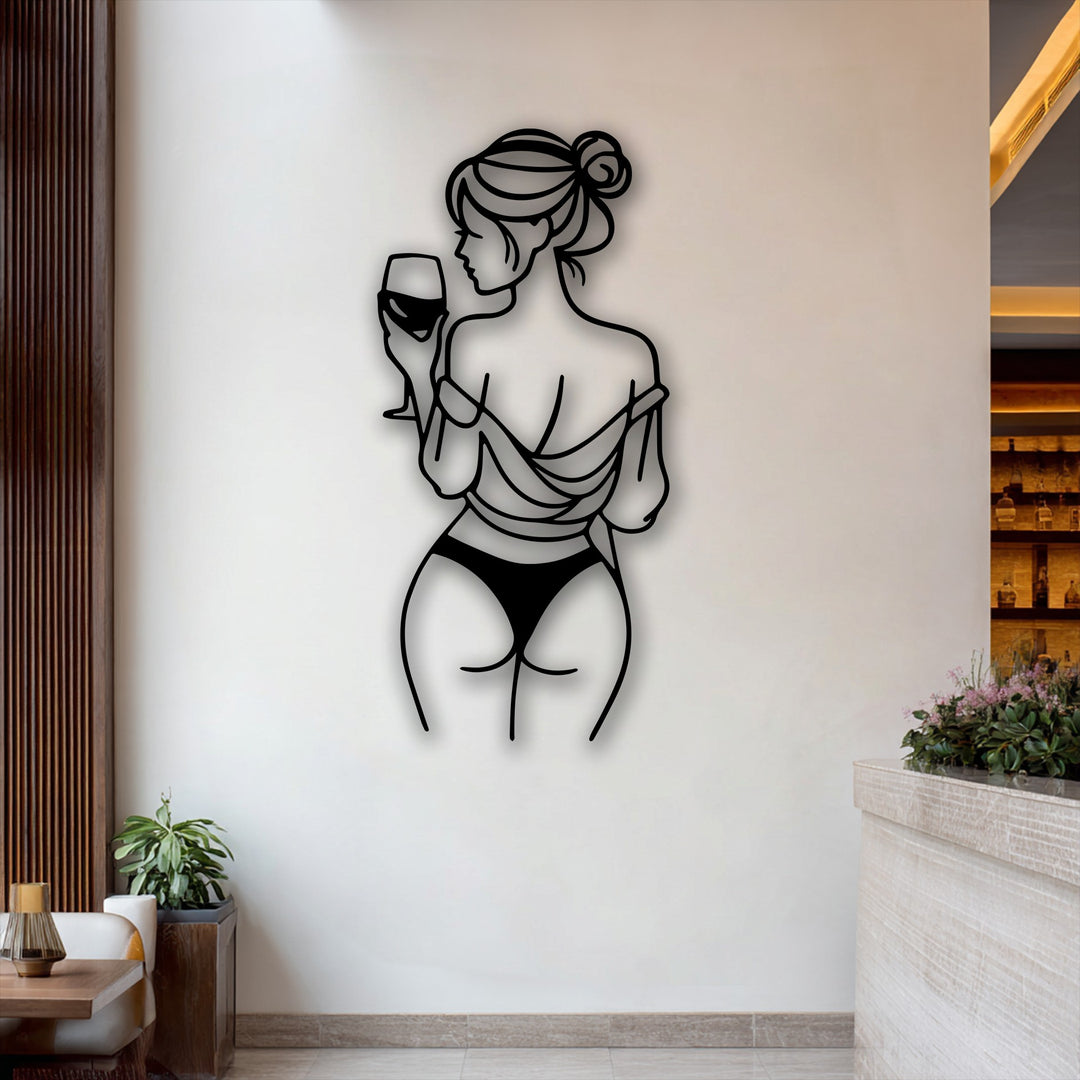 The elegant metal line art woman holding a wine glass creates a striking layering effect with its subtle shadow, enhancing this modern decoration wall art.