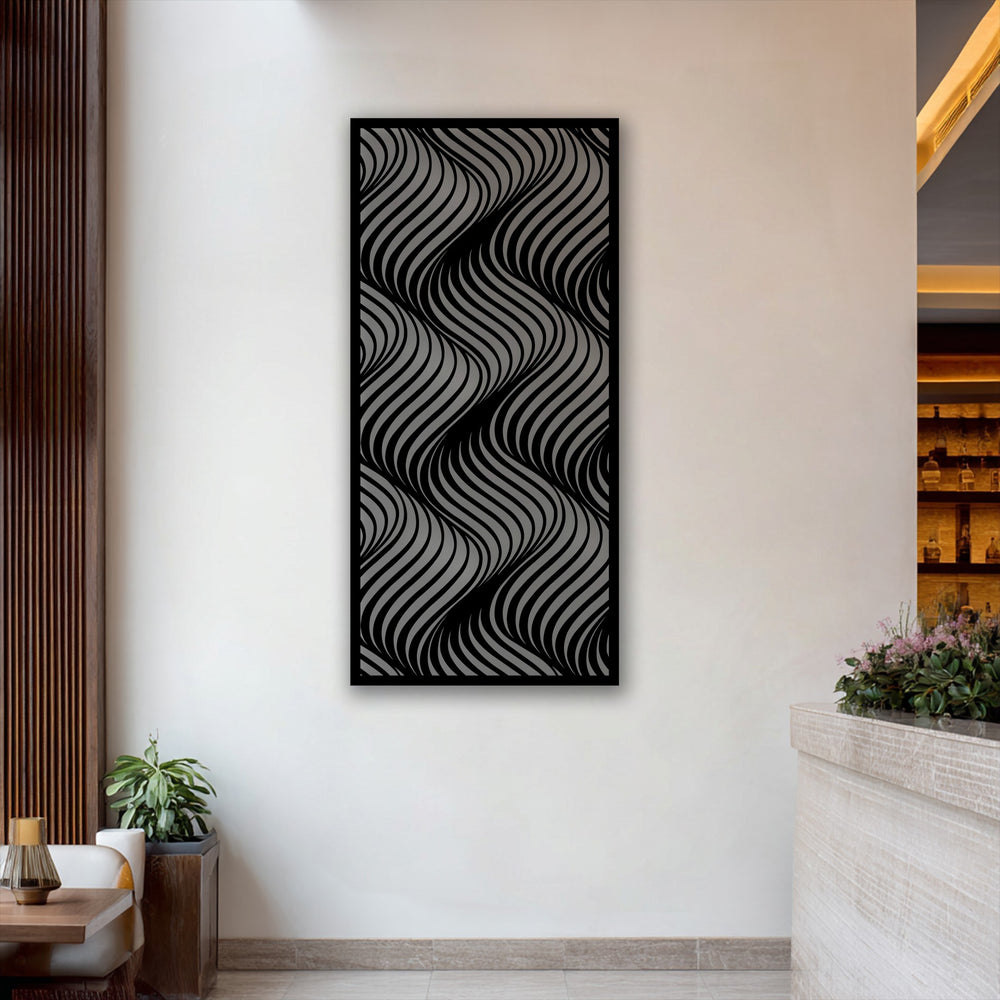 A vertically oriented decorative metal art piece in a rectangular shape features a dynamic, abstract wave pattern with flowing lines.