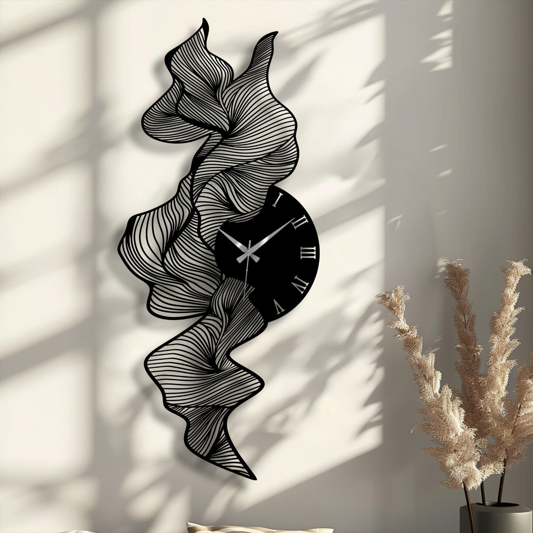 Black is the dominant color in this decorative metal art of a flowing abstract wave metal wall clock featuring a modern artistic design.