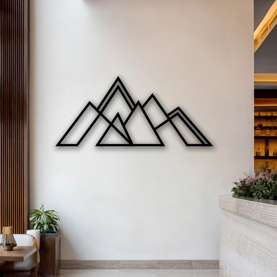 The distinct layering effect of the geometric mountain metal art for wall creates striking depth with its overlapping minimal peaks design.