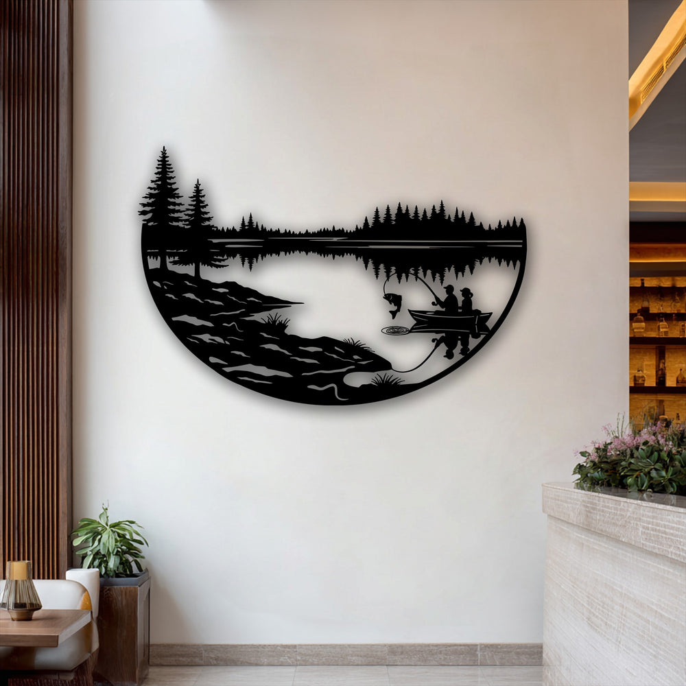 The subtly bright, warm ambiance of the room highlights the peaceful fishing lake metal artwork, a serene nature landscape decor.