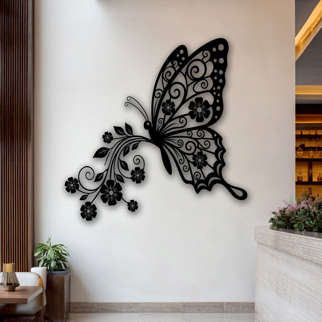 The striking black butterfly metal wall art stands out with strong saturation against the muted background, creating vivid decoration wall art.