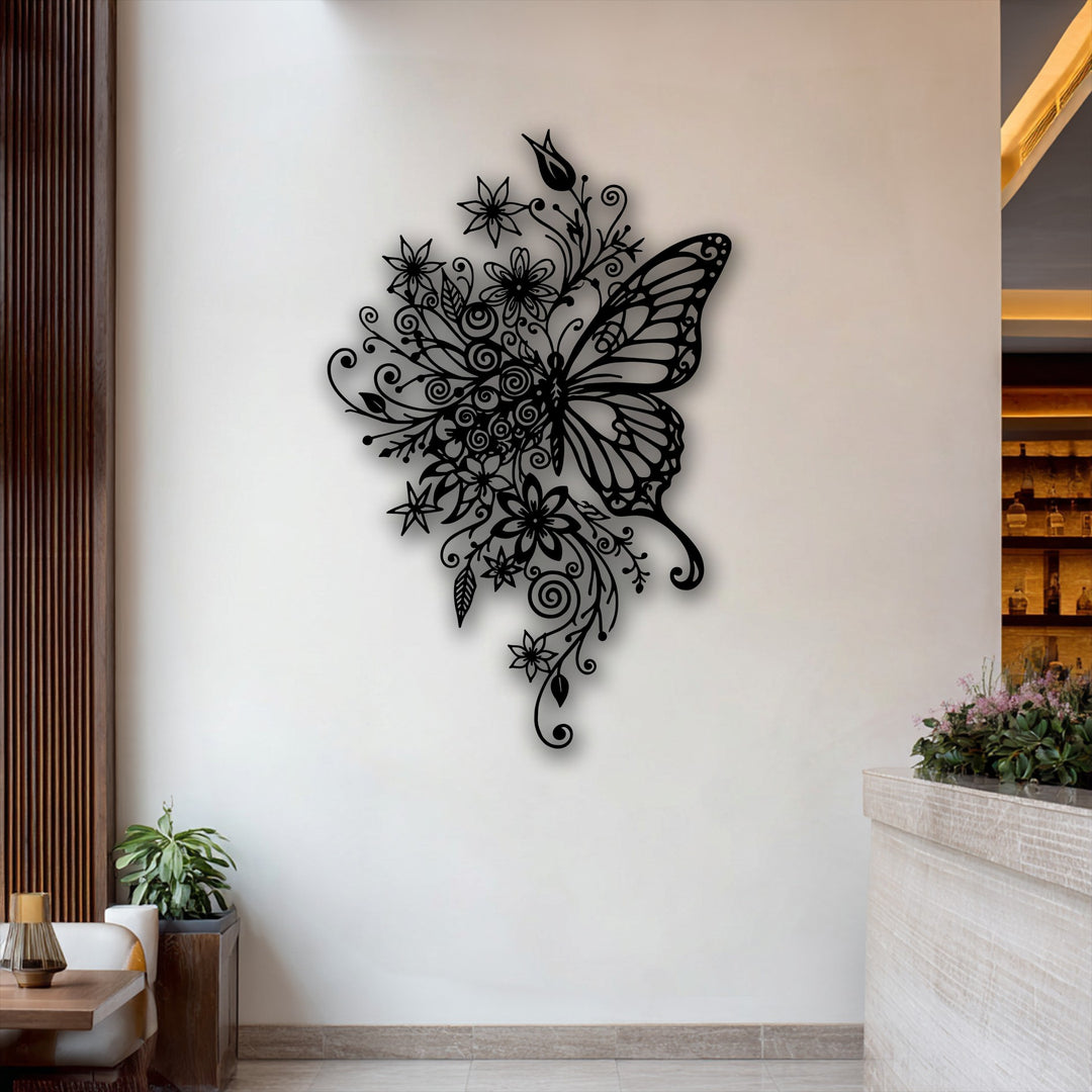 The unique metal wall art showcases a sleek, matte black finish, intricately outlining a captivating floral butterfly design.