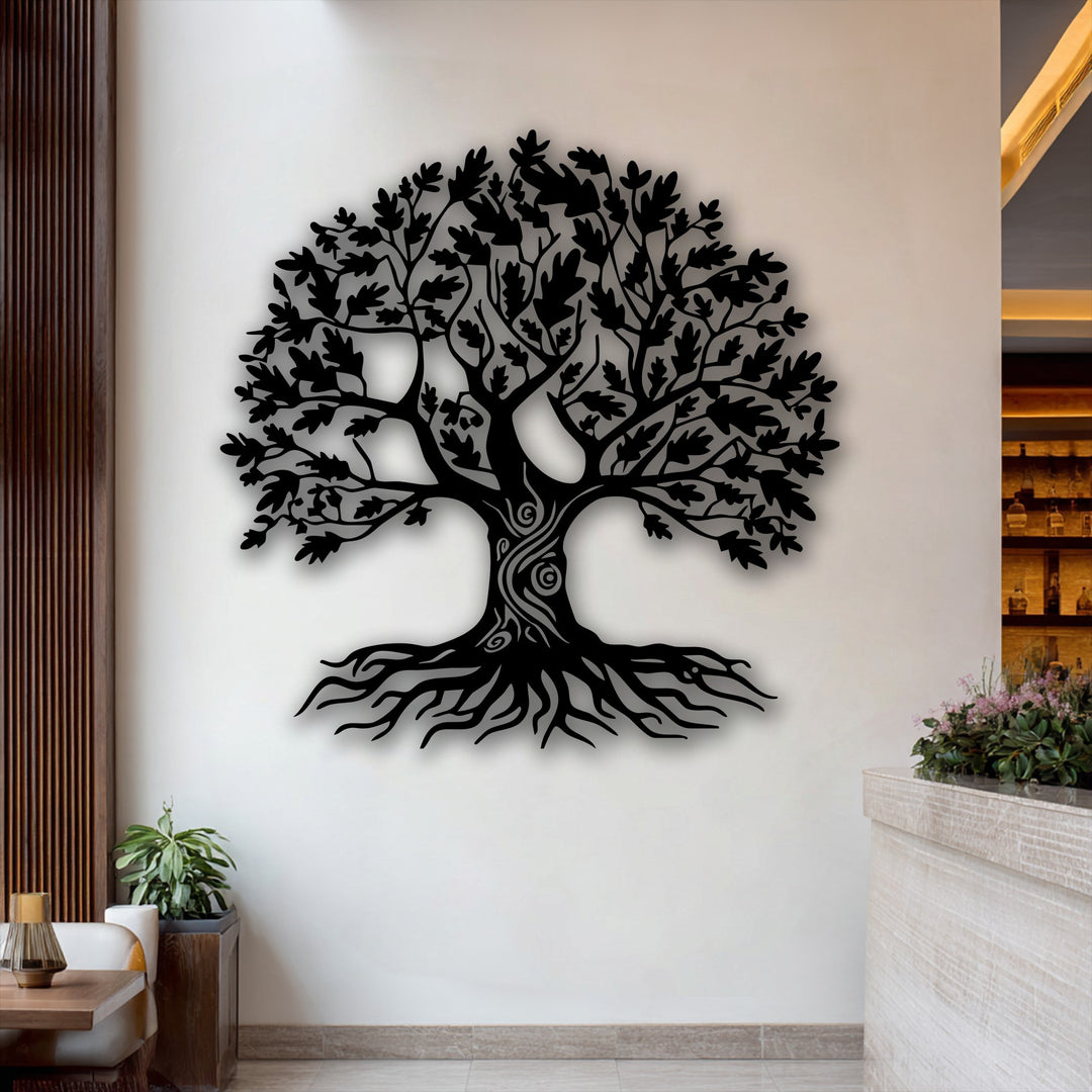 The crisp edges of the Tree of Life metal decoration wall art are bordered by elegant wooden panels and a modern bar setting.