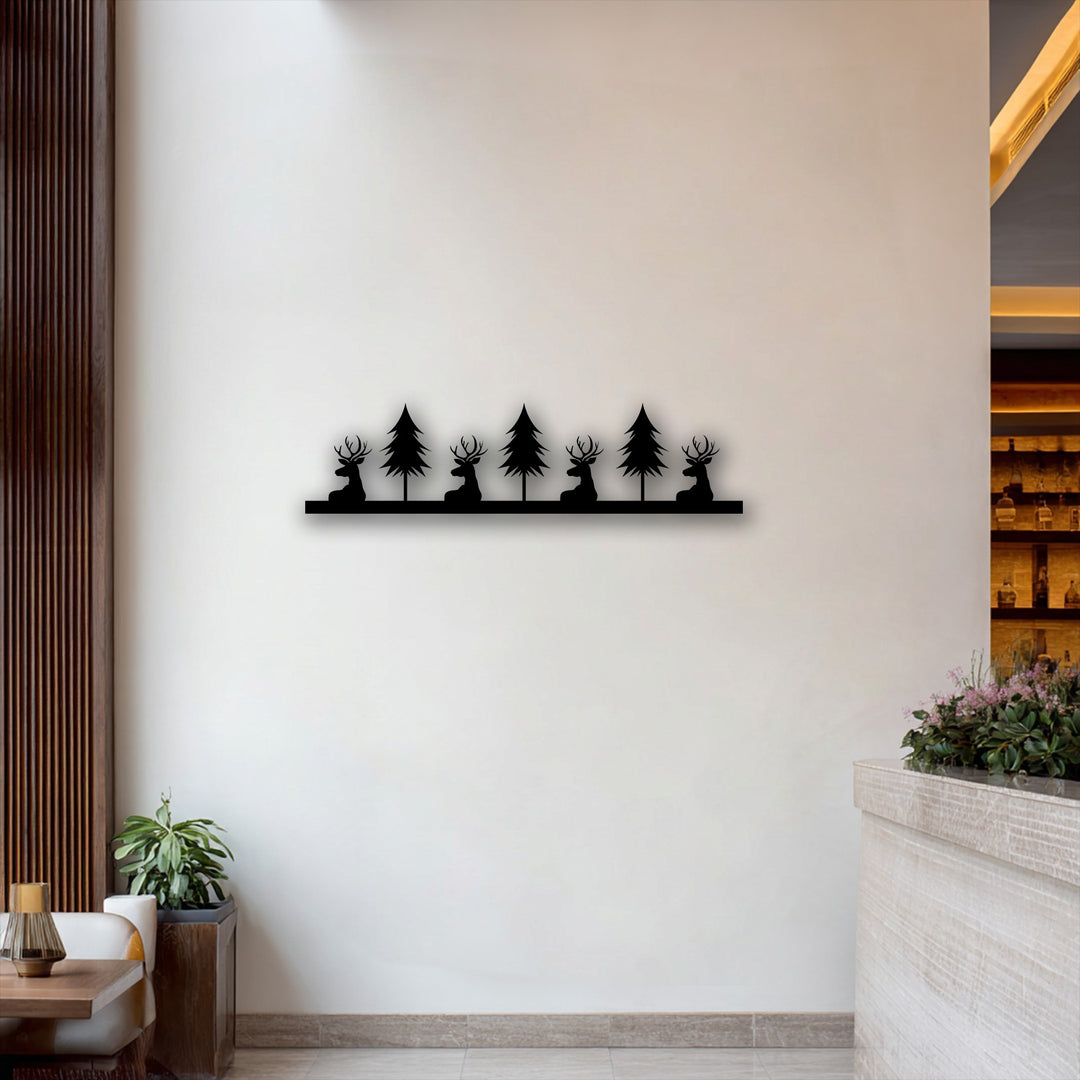 The serene mood of a peaceful forest is beautifully captured by this unique metal wall art featuring deer and pine silhouettes.