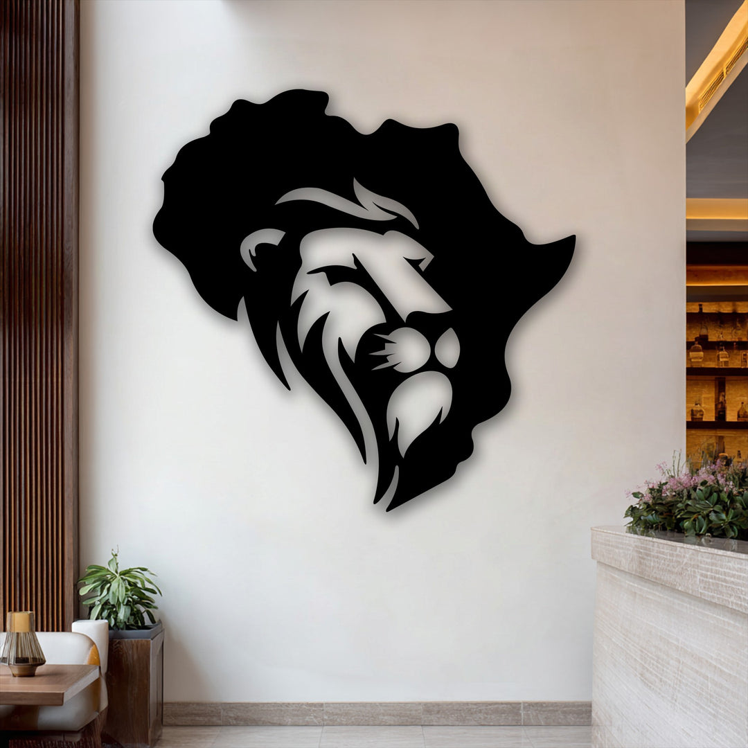 Pristine white walls feature a bold black Africa map lion metal wall decor, making a powerful cultural statement.