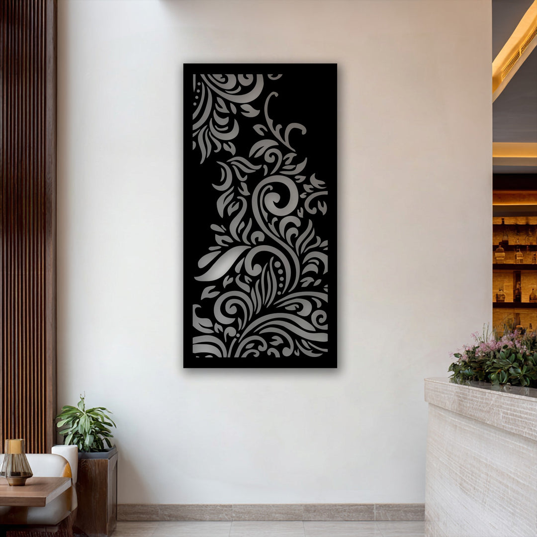 The elegant and sophisticated mood is set by the ornamental floral swirl panel, a striking piece of decoration wall art.