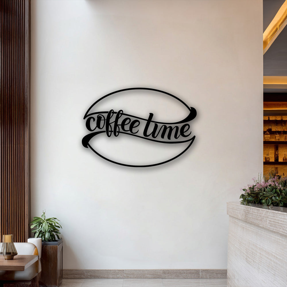 An off-white wall showcases a striking black 'Coffee Time' unique metal wall art, perfect for modern kitchen and café decor.