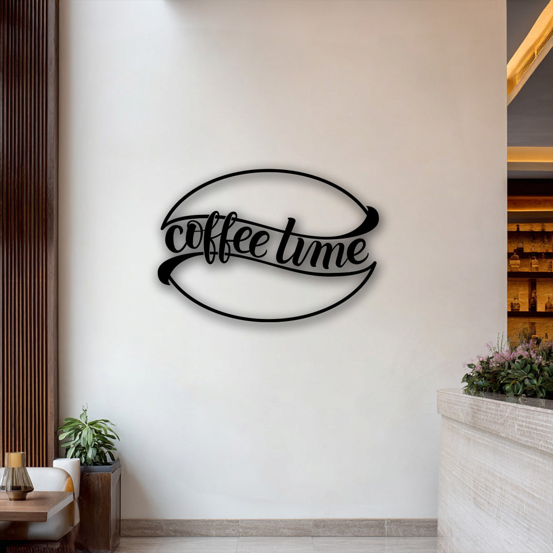 An off-white wall showcases a striking black 'Coffee Time' unique metal wall art, perfect for modern kitchen and café decor.