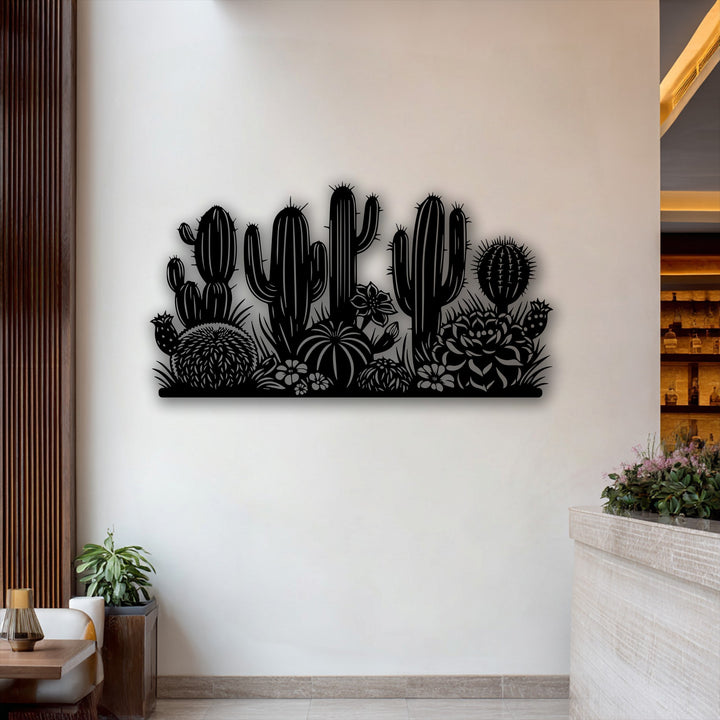 A long, horizontally oriented metal art for wall features an intricate desert cactus garden silhouette with various plant shapes.