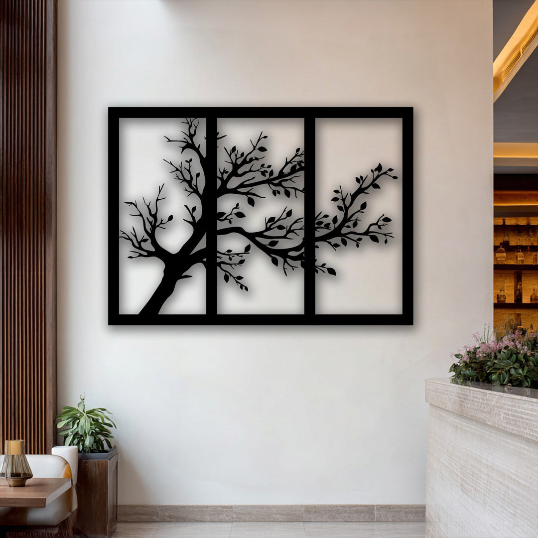 The distinct black borders of this three-panel metal decoration wall art prominently frame the minimalist tree silhouette.