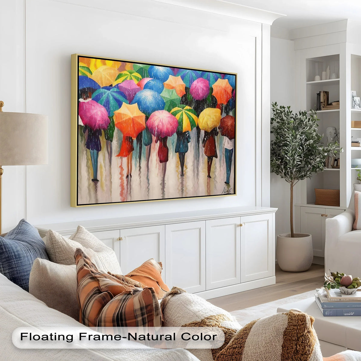 The vivid finish of the framed oil painting artwork showcases a bright melody of rain in the city, highlighting its colorful, abstract design and urban reflections.
