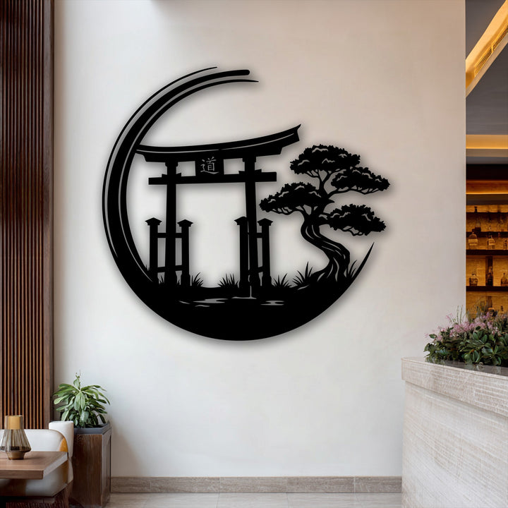 The bold silhouette of a Zen Garden Torii Gate unique metal wall art piece dominates a minimalist wall, featuring a stylized bonsai.