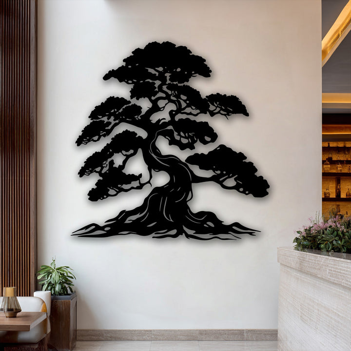 The bright, minimalist background wall frames the prominent metal wall decor, featuring elegant wood and warm ambient lighting.