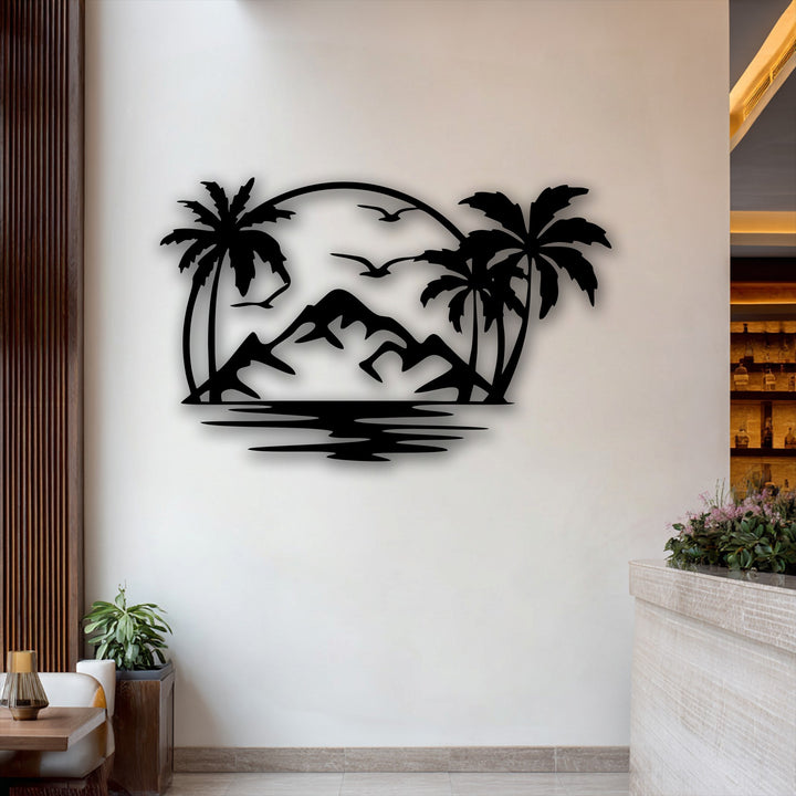 The organic forms of palm trees, mountains, and birds create a captivating tropical sunset silhouette in this metal decoration wall art.