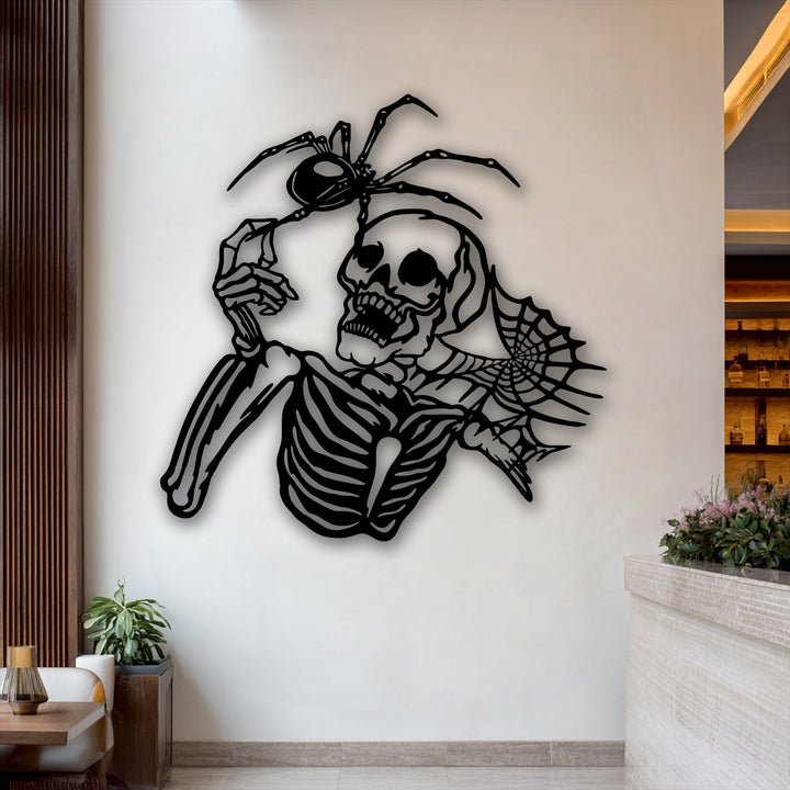 The bright, modern background with its clean wall, wooden accents, and subtle bar area highlights the unique metal wall art.