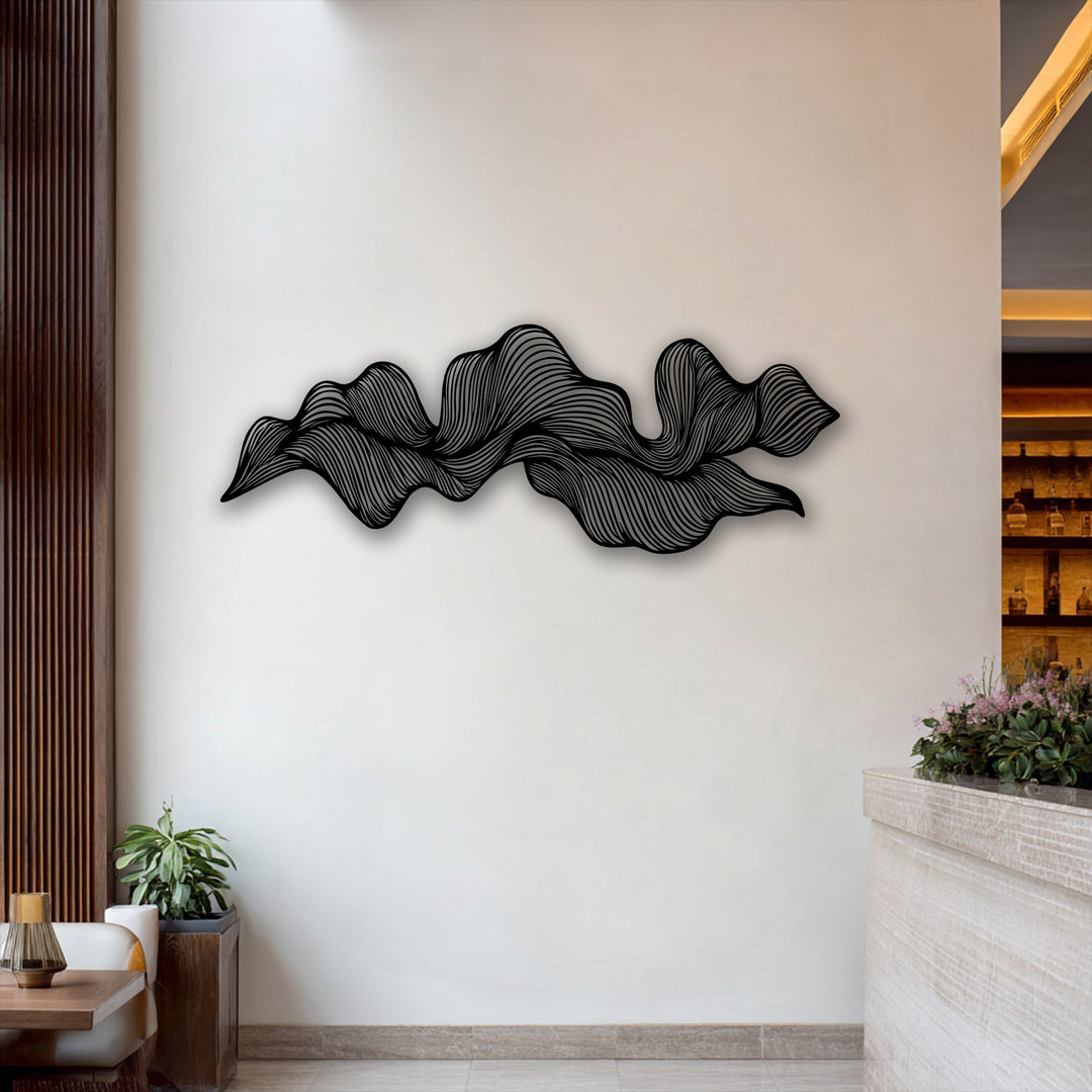 The darkest area reveals an abstract wave flow metal art for wall, featuring undulating black lines that create a modern line decor.