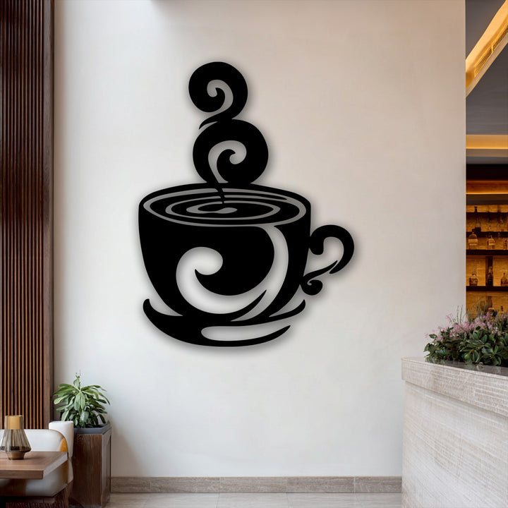 A sleek transition from the bold black swirling coffee cup silhouette to its subtle shadow against the white wall forms dynamic decoration wall art.