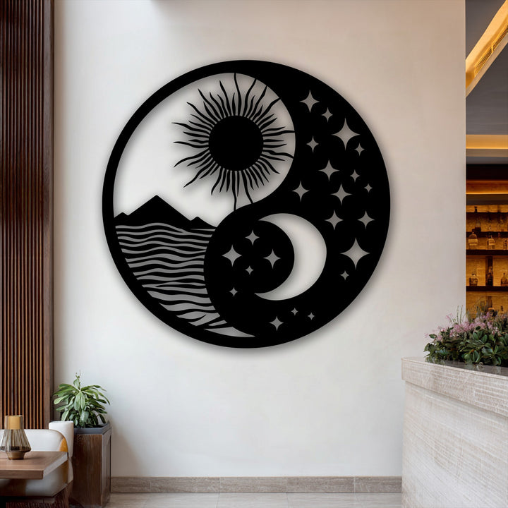 A serene and harmonious mood is conveyed by the Celestial Balance Yin Yang metal wall decor, featuring a sun, moon, and landscape design.