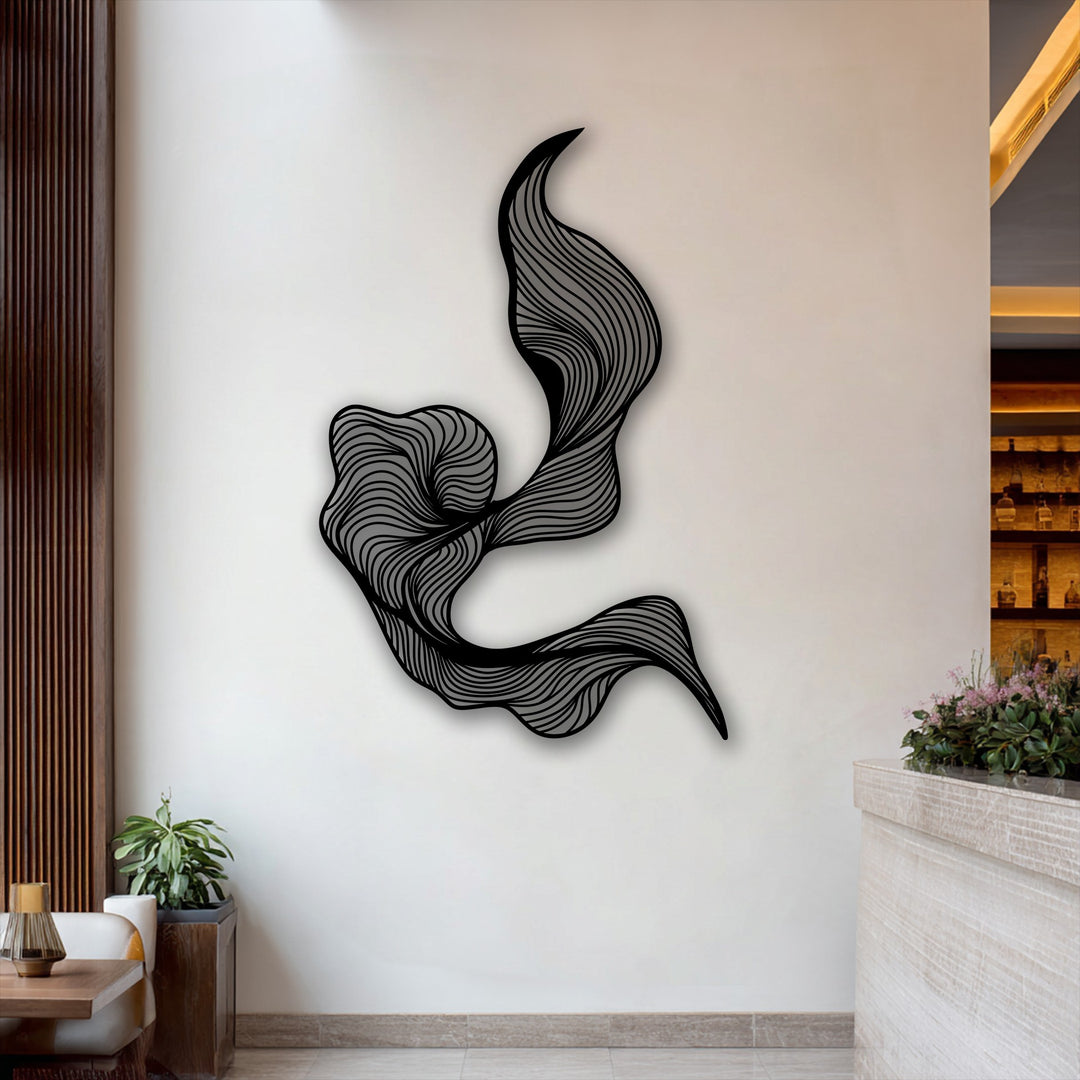The bright negative space on the wall sharply defines the dark, fluid Abstract Flow Metal Wall Art, presenting a striking modern metal wall decor piece.
