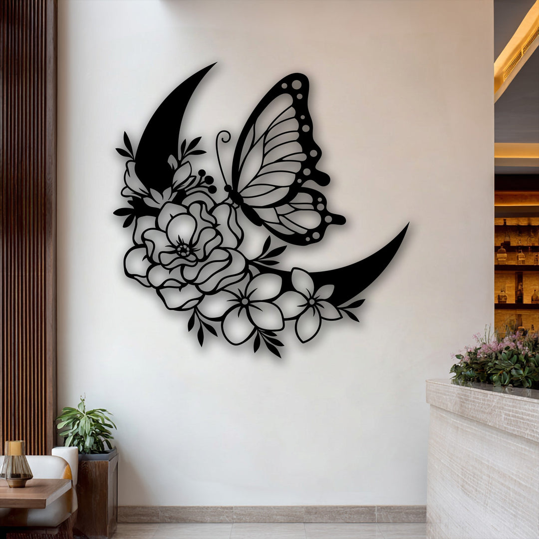 Elegant black butterfly and floral crescent metal artwork piece featuring intricate details and a delicate silhouette.