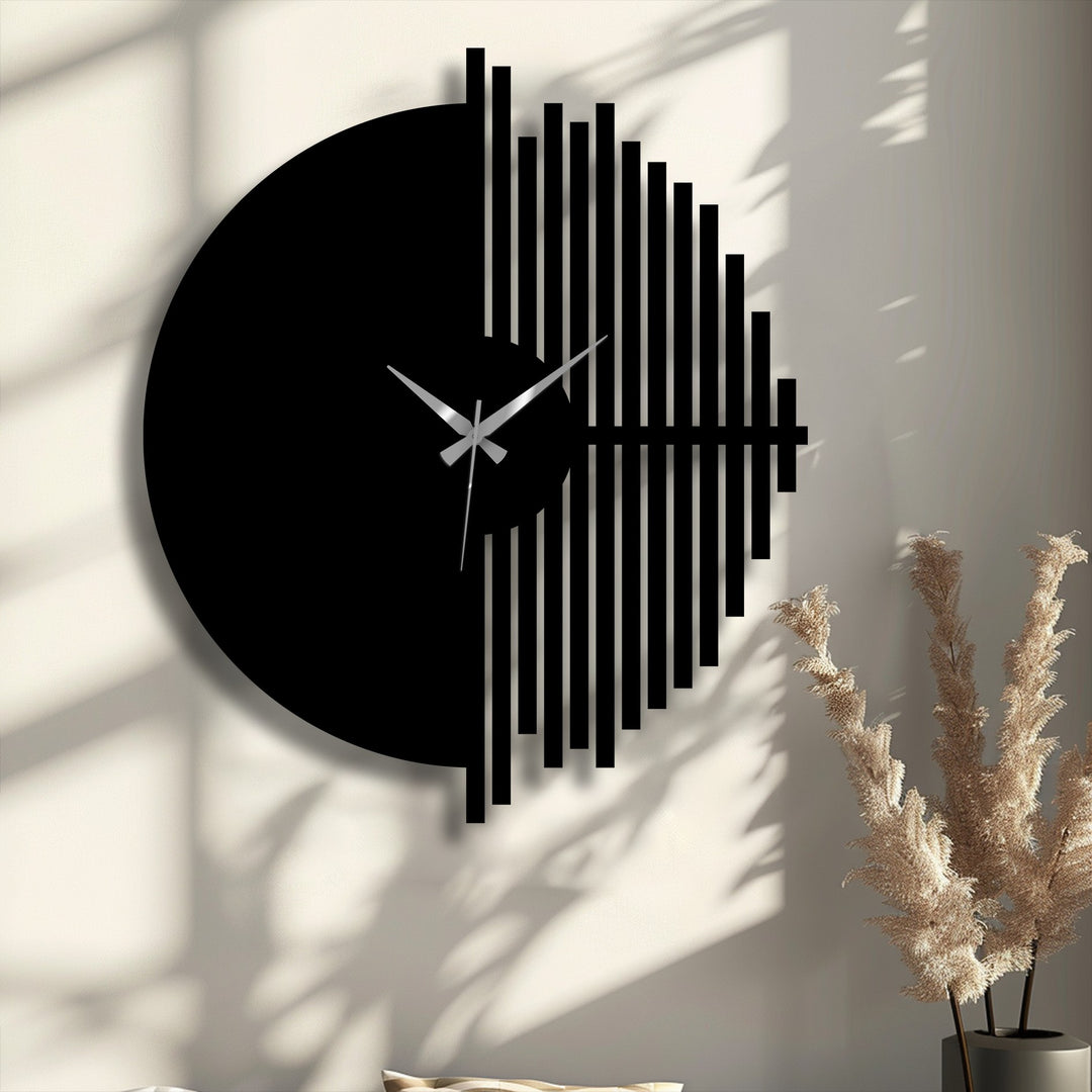 Striking color contrast is achieved by the black half circle modern metal wall clock's geometric design against the pale wall, enhancing this metal wall decor.
