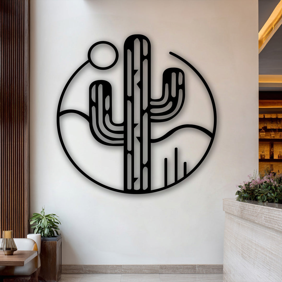 The transition between the stark black minimal desert cactus decoration wall art and the bright white wall highlights the modern southwest landscape design.