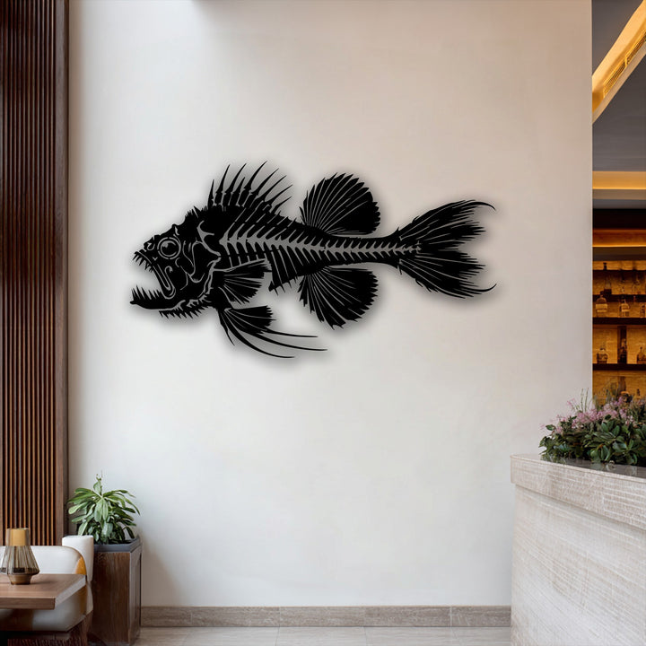 The visual rhythm of the stylized predator fish skeleton unique metal wall art creates a striking, dynamic flow on the minimalist wall.