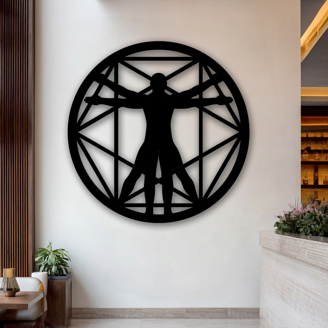 With very low color saturation, the striking black Vitruvian Man geometric circle metal wall art provides a bold contrast as a decoration wall art piece.